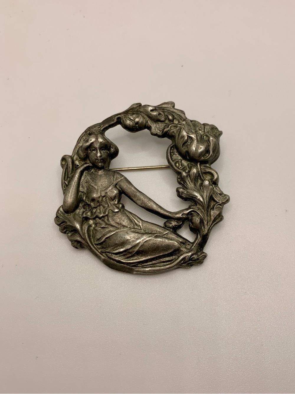 Art Nouveau Silver-Tone Lady & Floral Circle Brooch